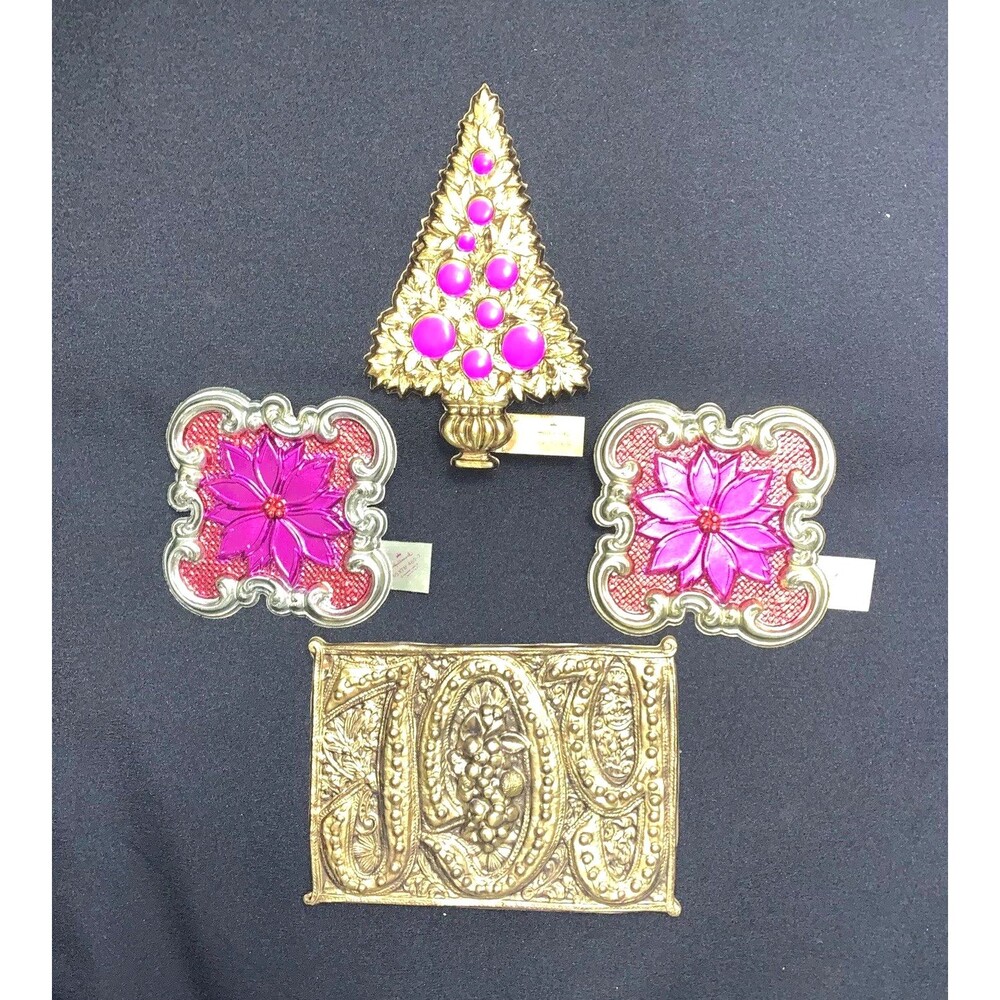Vintage Hallmark Christmas Embossed Foil Adhesive Gift Topper Pink Gold Set of 4